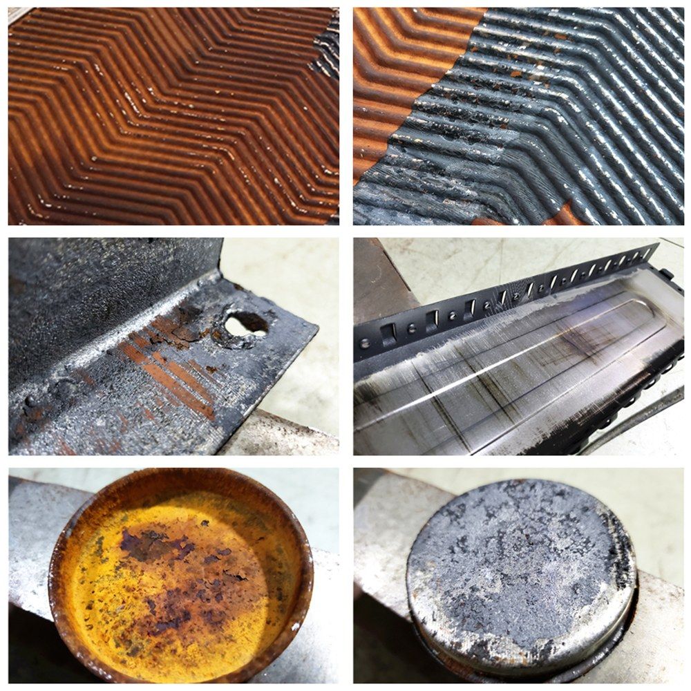 Before-and-after samples from the MW-LC100: rusted corrugated plate, rusted steel angle and rusted round cap cleaned to bare metal