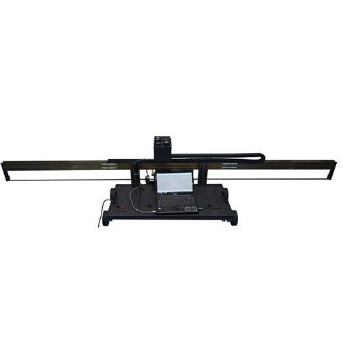 Front view of the floor printer with the control laptop on the wheeled base