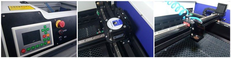 Details of the CO2 laser machine: DSP control panel with keypad and emergency stop, gantry carriage, and laser head with air-assist hose