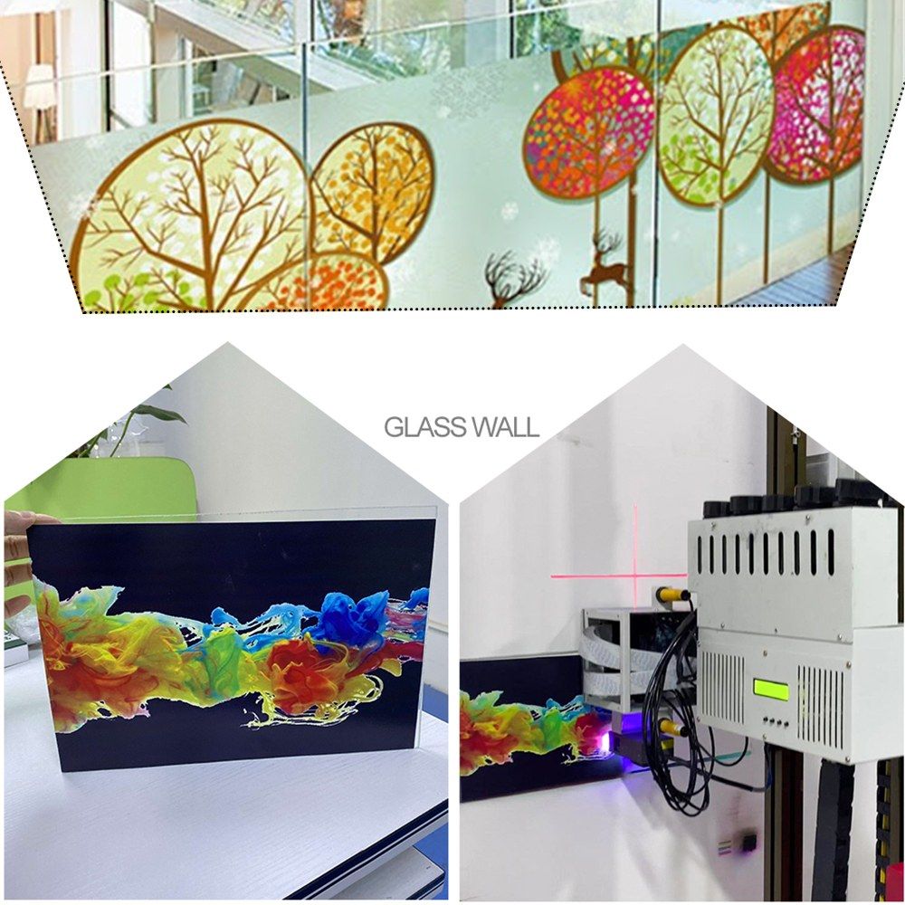 UV prints on glass wall panels, with the print carriage and UV curing lamp at work