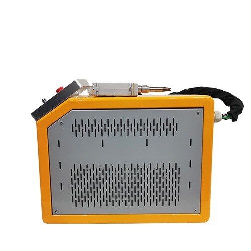 Mini 300 W laser welder seen from the side, with the torch resting on top of the case