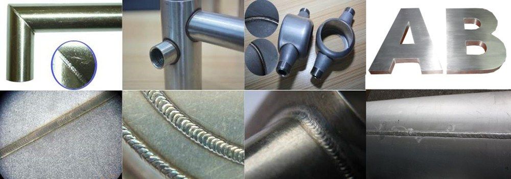 Laser weld samples: stainless tube elbows and T-joints, fittings, signage letters and close-ups of weld seams