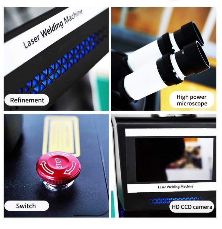 Details of the QCW jewelry welder: ventilated cabinet, microscope eyepieces, emergency stop and HD CCD screen