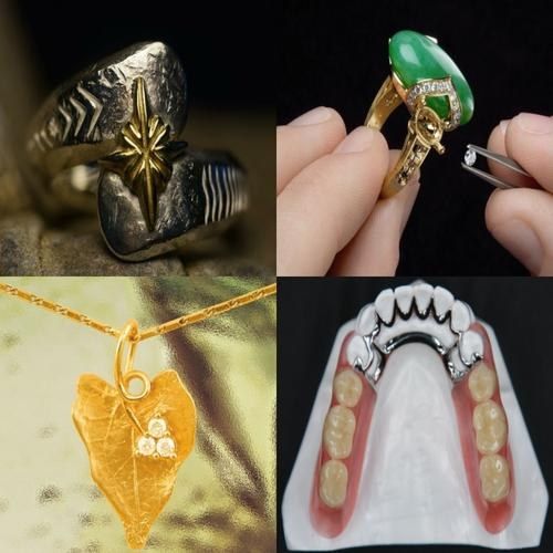 Sample laser welds on a silver ring, a gold ring with a green stone, a gold leaf pendant and a dental frame
