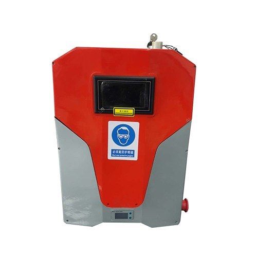 Front view of the MW-LC50 backpack laser cleaner with front screen, key switch on top, and emergency stop and digital display at the base