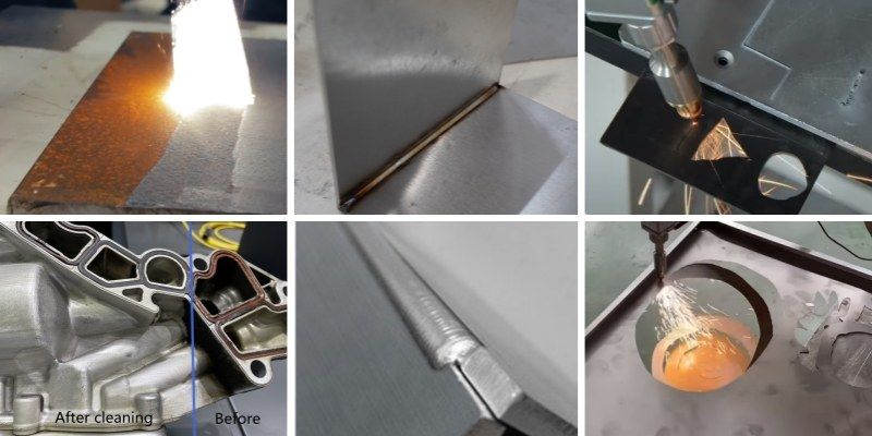 Results from the 4-in-1 machine: rust removal on steel plate, fillet weld seams, cutting steel sheet and an aluminium part before and after cleaning