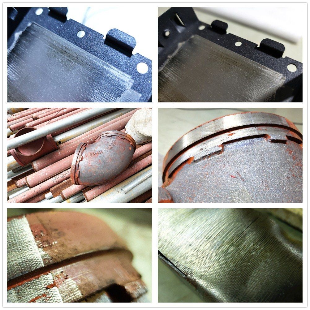 Before-and-after laser cleaning samples: a coated sheet edge, a painted cast pipe elbow and a rusted steel strip