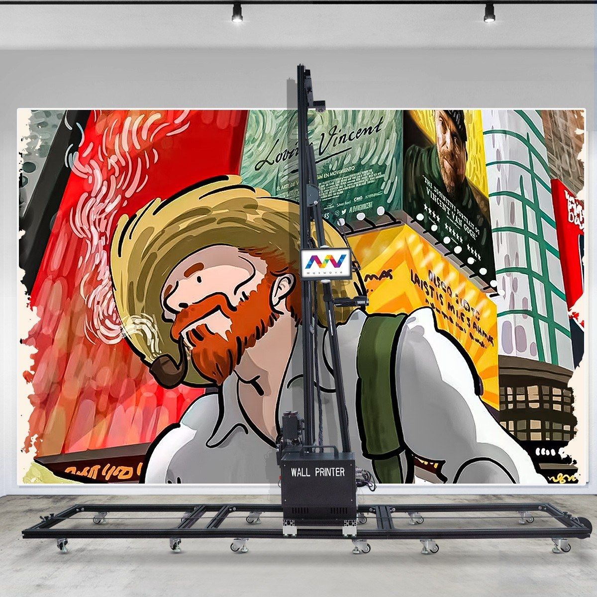 Track-type wall printer in front of a large illustrated mural