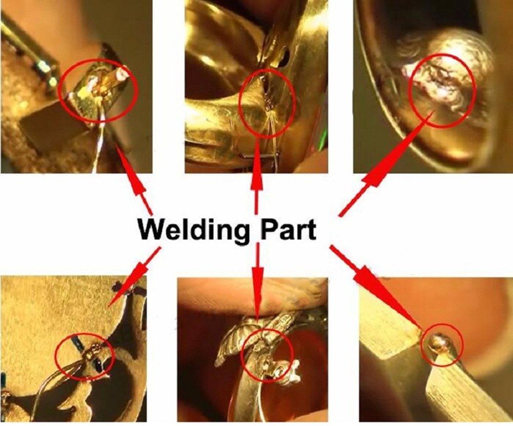 Close-ups of laser spot welds on gold jewelry parts, with each weld point circled
